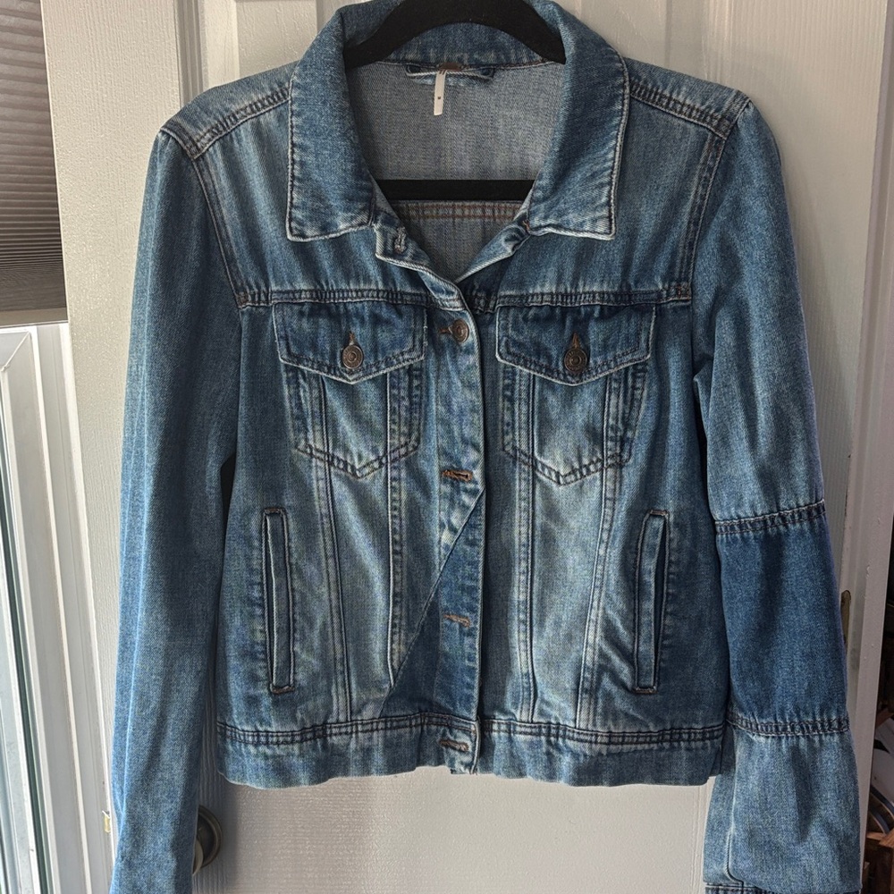 Free People Distressed Light Blue Denim Jacket